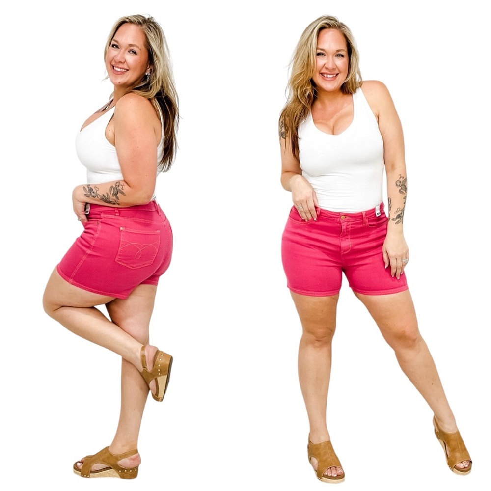 Judy Blue Hi-Rise Garment Dyed Magenta Pink Shorts Yellow Stitching NWT L